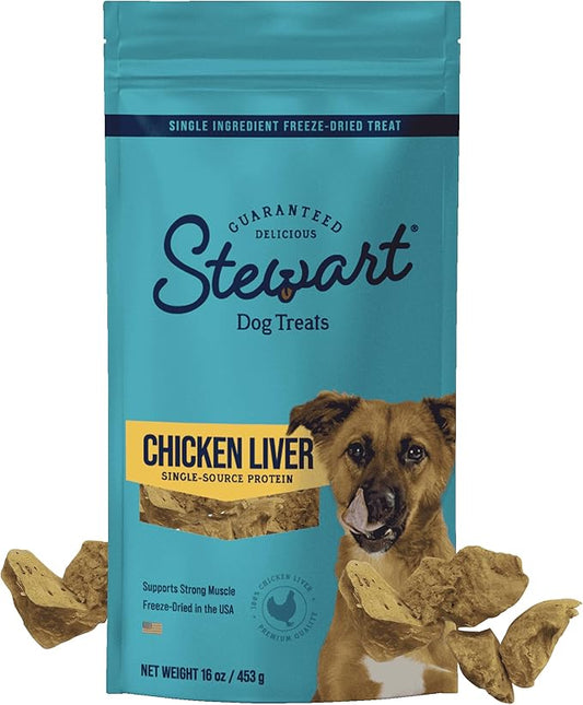 Stewart Single Ingredient Freeze Dried Dog Treats, Chicken Liver, 16 Ounce Value Size Resealable Pouch, Training Treats or Meal Topper for All Size Dogs, High Protein, Grain-Free, Gluten-Free