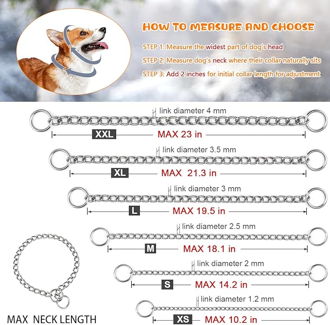 TagME Chain Choke Collar for Dogs, Adjustable Weather Proof Necklace for Large Dogs, Alloy Steel Pet Training Collar