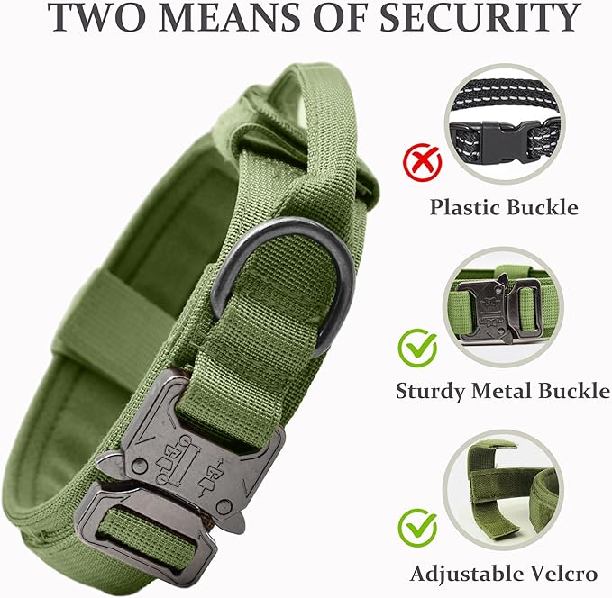 Tactical Dog Collar, Adjustable Military Training Nylon Dog Collar with Control Handle and Heavy Quick-Release Metal Buckle for Small Medium Large Dogs, Green XL