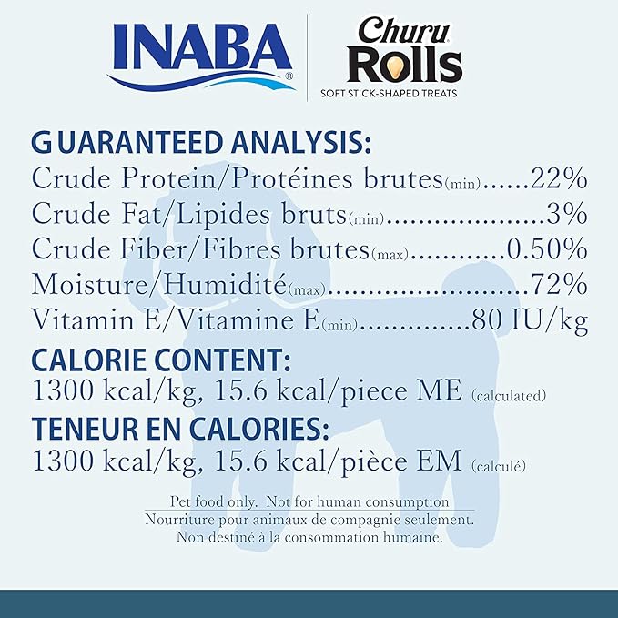 INABA Churu Rolls for Dogs, Grain-Free, Soft/Chewy Baked Chicken Wrapped Churu Filled Dog Treats, 0.42 Ounces Each Stick| 24 Stick Treats Total (8 Sticks per Pack), Chicken Recipe