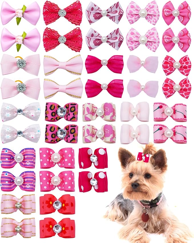 PET SHOW 20 Pack Pink Small Dog Hair Bows with Rubber Bands for Medium Dogs Girl Female Holiday Puppies Cats Kittens Rabbits Topknot Grooming Costumes Hair Accessories