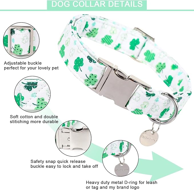 St. Patrick's Dog Collar, Cotton St. Patricks Clover Collar for Puppy Girl Boy Dog or Cat, Lucky Shamrock Dog Collar with Metal Buckle, Green, Spring, XL