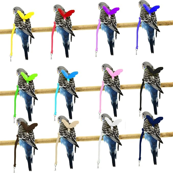 Dnoifne Parrot Harness and Leash, Adjustable Training Design Anti-Bite, Nylon Rope with Cute Wing for Parrots, Suitable for Alexandrine, Scarlet, Keck, Mini Macaw & Same Size Bird (Blue)