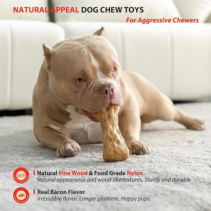 Willjoy Dog Chew Toys for Aggressive Chewers, Tough Dog Toys for Aggressive Chewers, Pine Wood and Nylon Indestructible Dog Toy, Bacon Flavor Large Dog Toys to Keep Them Busy