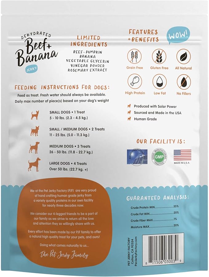 Pet Jerky Factory Premium Beef and Banana 12 oz. Dog Jerky Treats | 100% Human Grade | USA Made | High Protein | Grain Free | Limited Ingredients | No Filler | BHA-BHT Free | Soft-Tender