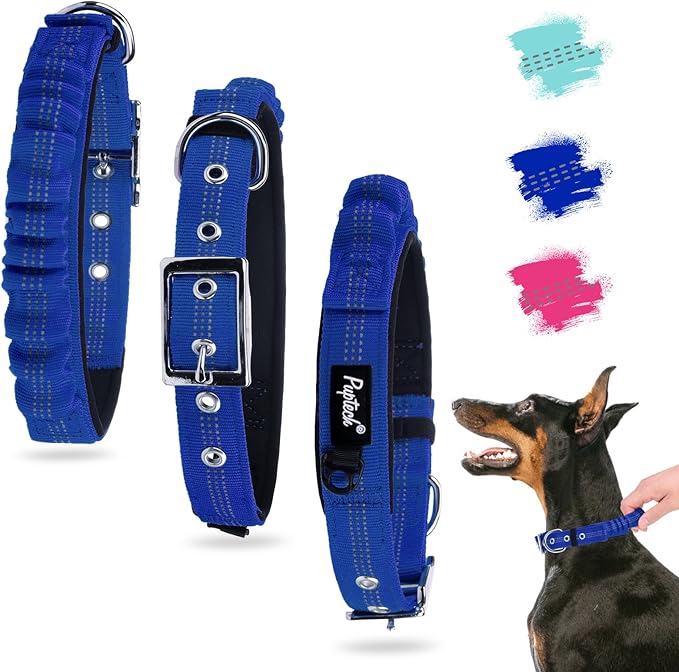 PUPTECK Heavy Duty Dog Collar with Handle Bungee for Small Medium Large Dogs, Tactical Dog Training Collar for Easy Control, Reflective Padded Dog Collars for Walking Running, Navy Blue, M