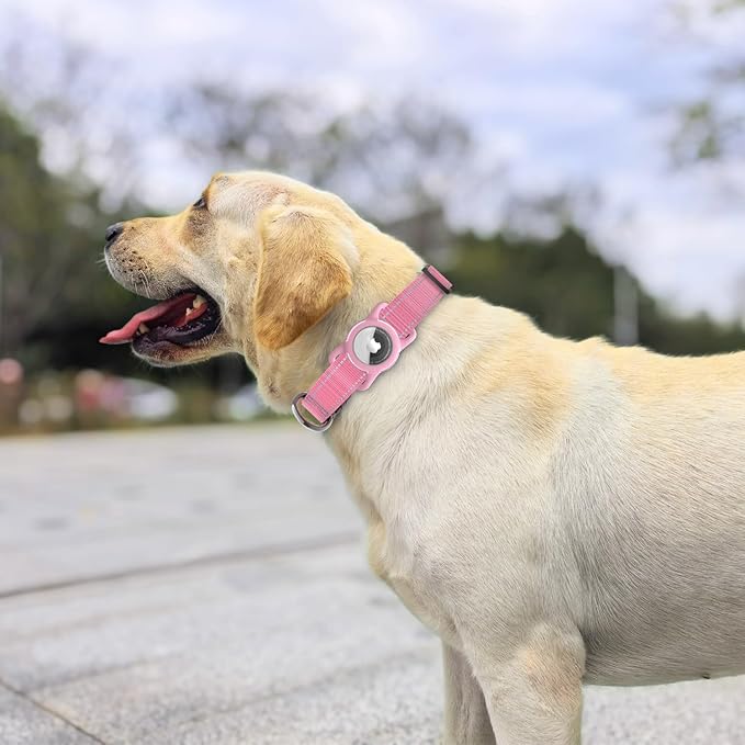 Dog Collar with QR Code, Reflective Dog Collar, Soft Neoprene Padded & Safety Locking Buckle Adjustable Pet Collar (Pink, XS-with Airtag Holder)