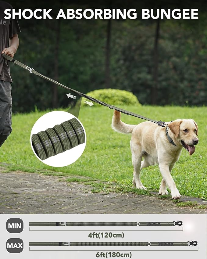 Joytale Tactical Dog Leash Heavy Duty, 4-6FT Shock Absorbing Bungee Lead with 2 Padded Handle, Metal Carabiner Clip, Car Seatbelt, Strong No Pull Leash for Medium Large X-Large Dogs, Army Green