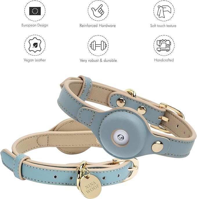 Cupertino Dog Collars, Harnesses & Leashes Made from Vegan Leather with Dog Tracker Device Holder Adjustable Dog Collar (Small, Blue)