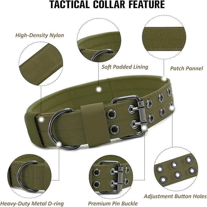 Tactical Dog Collar Military Adjustable Dog Collars Soft Nylon K9 Training Collar with Patch Heavy Duty Metal Buckle Collars for Medium Large Dogs (Green, L)