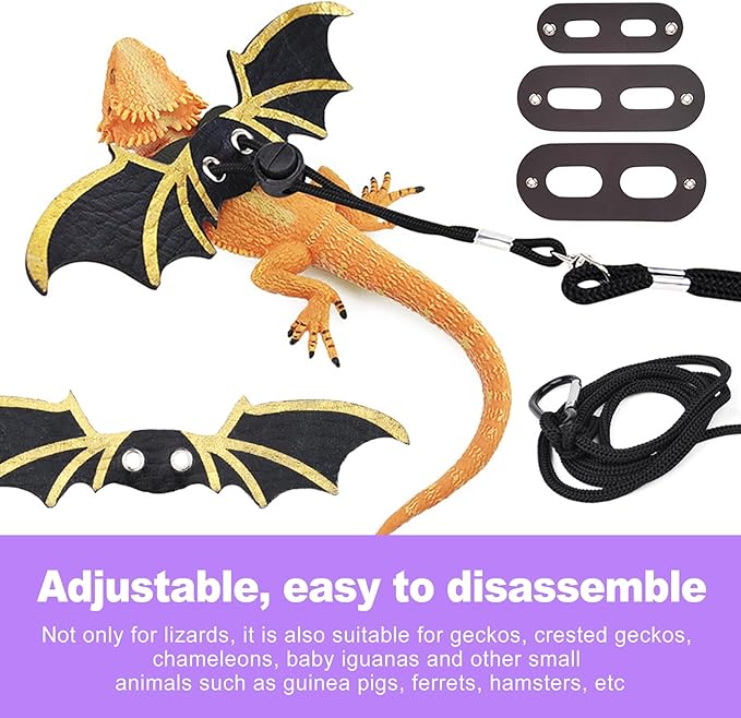3-Size Reptile Harness & Leash Set for Bearded Dragons, Soft Leather Wing Design (Black), Detachable & Adjustable
