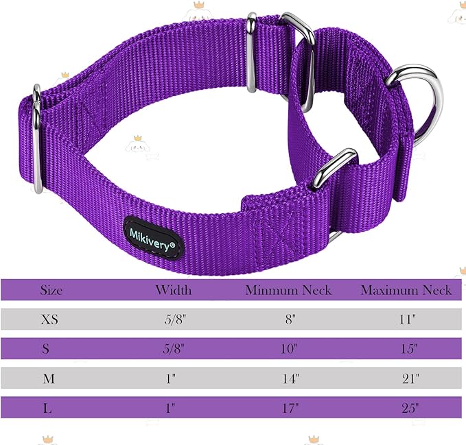 Mikivery Martingale Dog Collar Nylon Adjustable and Safety Training Purple Comfortable Metal Buckle Pet Collars for Small Medium and Large Dogs