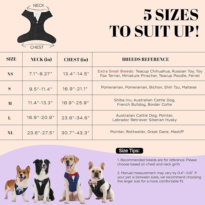 Dog Tuxedo for Wedding Outfit, Dog Suit and Tie Costumes for Birthday, Halloween, Cosplay, Christmas Party, Pet Formal Wear with Bowtie, Tux for Medium Large Dogs, Bulldog, Labrador, Husky
