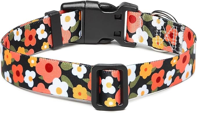 Adjustable Dog Collar with Patterns, Ultra Comfy Soft Nylon Breathable Pet Collar for Small Medium Large Dogs (S, Floral Orange)