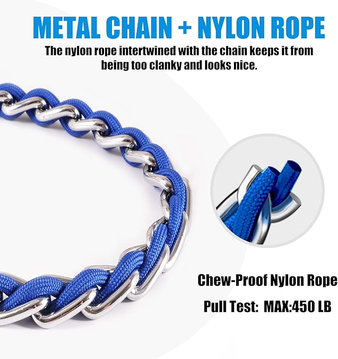 Chain Dog Leash Chew Proof Metal Leash for Medium Large Dogs, Chain Link Dog Leash Anti Chew 5.2FT Strong Anti Bite Dog Leash Comfortable Soft Padded Handle Blue 3.0