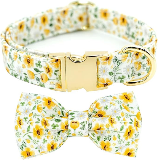 Tunkoo Dog Collar Floral with Elegant Bow Tie Soft Comfy Cotton Adjustable Collar, Premium Metal Buckle for Puppy and Cat Small Medium Large(Daisy Flowers,L)