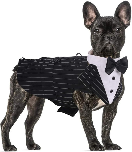 QBLEEV Tuxedo for Medium Dogs, Suit and Bandana Set, Wedding Outfit With Bow Tie, Formal Tux Costume for Halloween Christmas Birthday Party Cosplay, Stripe M