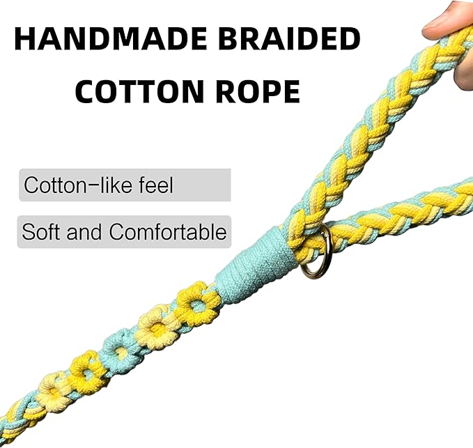 Handmade 5ft Braided Cotton Dog Leash with Unique Floral Handle, Durable and Stylish, Ideal for Small to Large Dogs, Blue & Yellow Twist
