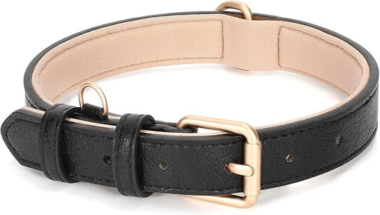 WHIPPY Leather Dog Collar for Small Dog Adjustable Soft Breathable Leather Padded Puppy Collar with Alloy Buckle Heavy Duty Waterproof Classic Dog Pet Collar,Black,XS