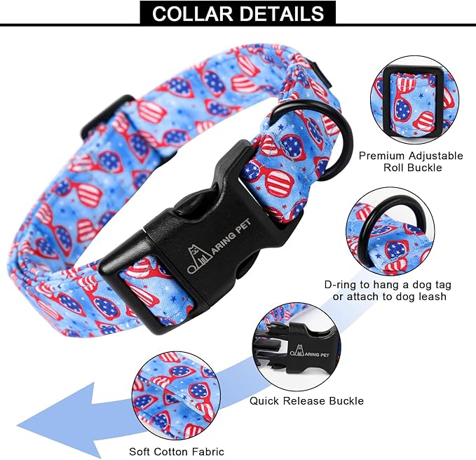 ARING PET 4th of July Dog Collar-Cotton Patriotic Dog Collars, Adjustable American Flag Puppy Collars with Quick Release Buckle