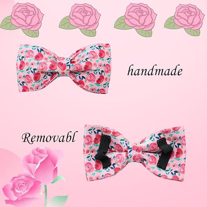 Dog Collar Pink Flowers Print Girl Cute Puppy Collar with Bow Adjustable Metal Buckle Collar Gift Collars for Medium Dogs