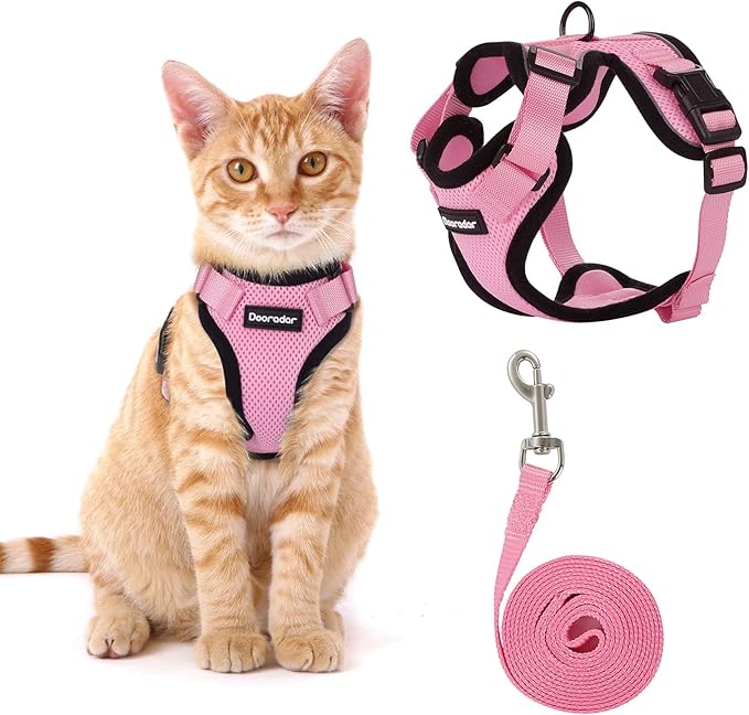 Dooradar Cat Harness and Leash Set, Escape Proof Safe Adjustable Kitten Vest Harnesses for Walking, Easy Control Soft Breathable Mesh Jacket with Reflective Strips for Cats, Pink, S