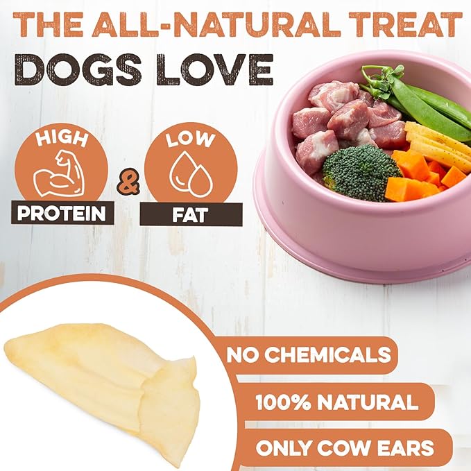 Premium Cow Ears For Dogs, Thick Cut & All-Natural Half Ears, 100% Grass Fed Beef, No Additives Or Hormones, Safe Rawhide Alternative, Great Dog Treat Alternative To Pig Ears, Bully Sticks, Dog Bones