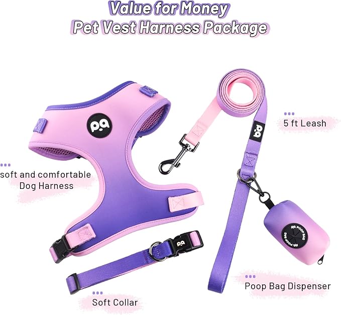 QQPETS Dog Harness Collar Leash with Poop Bag Holder 4 PCS Set, Adjustable No Pull Soft Mesh Padded Vest for Small Medium Large Pet Puppy Outdoor Walking (Gradient Purple, L (Chest 22.4”-32.6”))