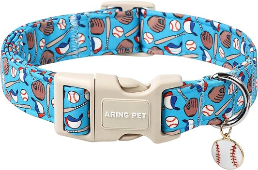 ARING PET Baseball Dog Collar-Cute Summer Blue Dog Colars, Adjustable Baseball Print Pet Collars Puppy Collar with Quick Release Buckle