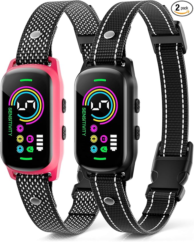 2 Pack Bark Collar, Rechargeable Dog Bark Collar for Large Medium Small Dogs, Smart Training Collar with 5 Adjustable Sensitivity Beep Vibration Harmless Shock, Anti Barking Device for Dogs (Pink)