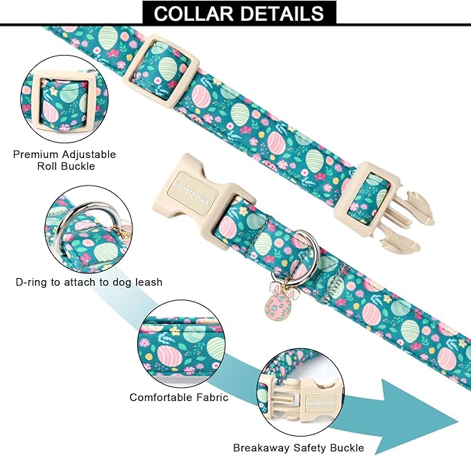 Lionet Paws Easter Dog Collar- Cute Colorful Eggs Green Dog Collars with Plastic Buckle, Light Adjustable Dog Collars with Egg Pendant for Medium Large Dogs