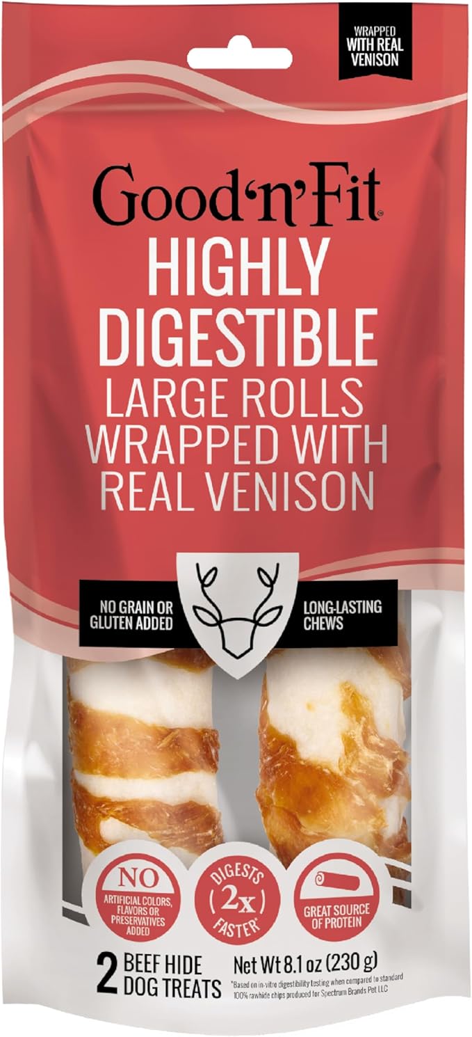 Good ‘n’ Fit Rolls Made with Real Venison, 2 Large Rolls, Treat Your Dog to a Long-Lasting and Highly Digestible Rawhide Chew