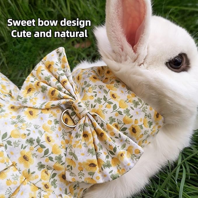 Rabbit Leash and Harness Set Adjustable Bunny Dress Rabbit Clothes Outfit for Small Pet Ferret Guinea Pig Squirrel Hamster (Yellow,L)