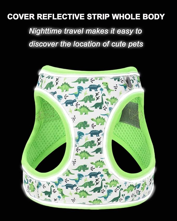 XS Green Dinosaur Pattern Dog Harness and Leash Set,No Escape Puppy Harnesses for Training Walking,Breathable Adjustable Puppy Vest for Small Medium Dogs, Cats (Green, XS)