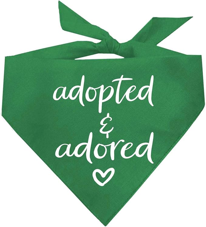 Adopted and Adored Dog Bandana | 100% Cotton Adjustable Triangle | Made in USA | Adoption Event Prop Photoshoot | Rescue | Green One Size (380)