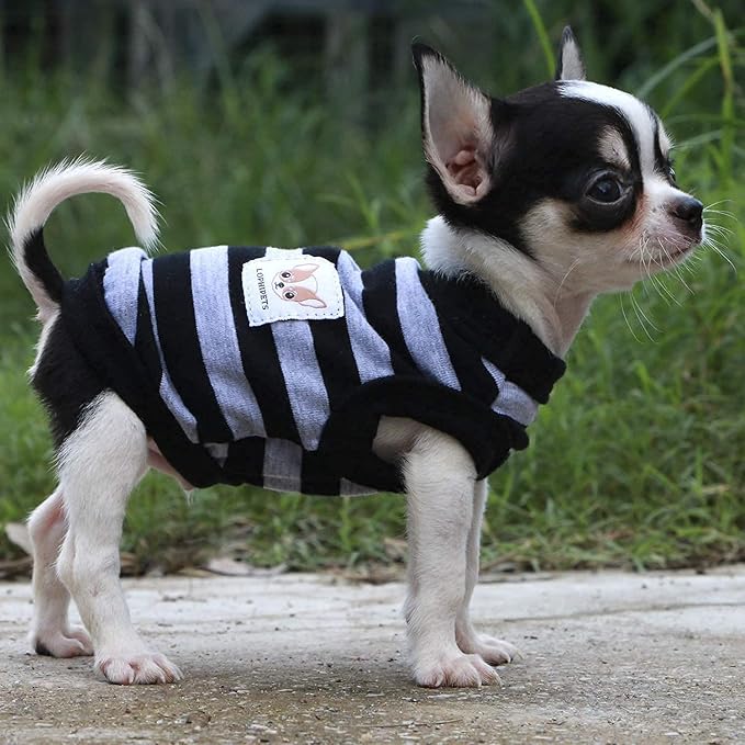LOPHIPETS 100% Cotton Striped Dog Shirts for Small Dogs Chihuahua Puppy Clothes Tank Vest-Black and Gray Strips/XXS