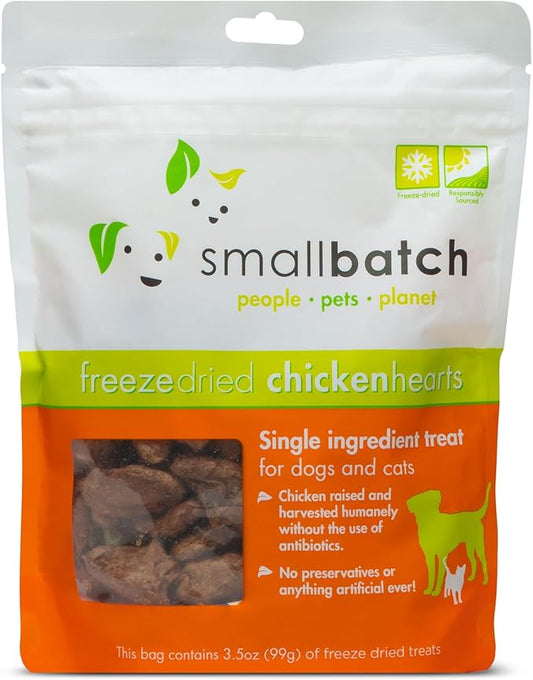 smallbatch Pets Premium Freeze-Dried Chicken Heart Treats for Dogs and Cats, 3.5 oz, Made and Sourced in The USA, Single Ingredient, Humanely Raise Meat, No Preservatives or Anything Artificial Ever