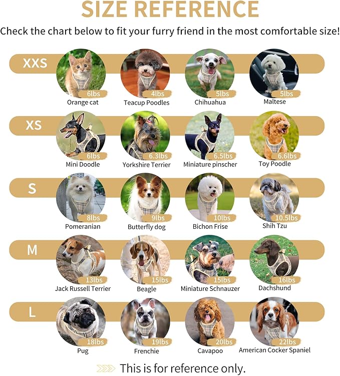 voopet Small Dog Harness and Leash Lightweight Cat Comfort Padded Soft Mesh Vest Step in Dog Harness No Pull No Choke Reflective Small Plaid Girl & Boy Puppy Kitty Walking Harness, Beige M