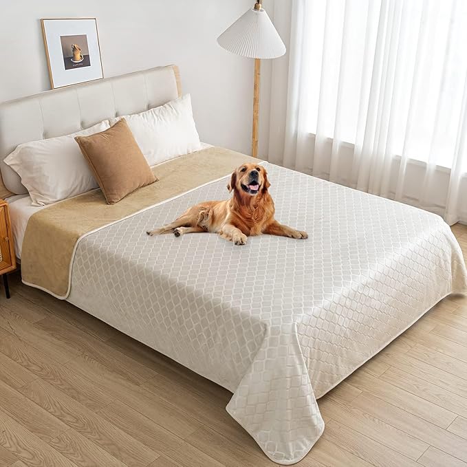 fuguitex Waterproof Dog Blanket Bed Cover Dog Crystal Velvet Moroccan Fuzzy Cozy Plush Pet Blanket Throw Blanket for Couch Sofa(68 * 82 inch, Cream+Sand)