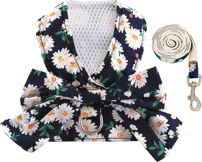 BAEJMJK Dog Harness and Leash Set with Bow Knot No Pull Pet Daisy Floral Harness with D-Ring Soft Mesh Dog Harness Vest Set Escape Proof Princess Puppy Harness for Small Girl Dogs Cats(Navy Blue S)