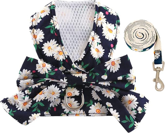 BAEJMJK Dog Harness and Leash Set with Bow Knot No Pull Pet Daisy Floral Harness with D-Ring Soft Mesh Dog Harness Vest Set Escape Proof Princess Puppy Harness for Small Girl Dogs Cats(Navy Blue S)