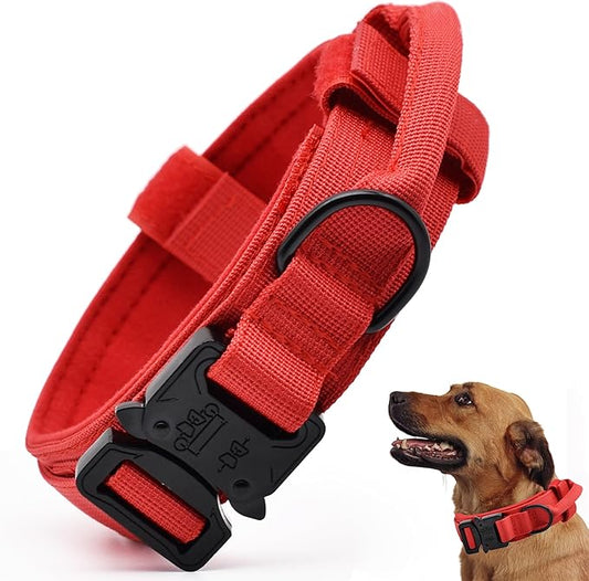 Tactical Dog Collar, Adjustable Military Training Nylon Dog Collar with Control Handle and Heavy Quick-Release Metal Buckle for Small Medium Large Dogs, Red L