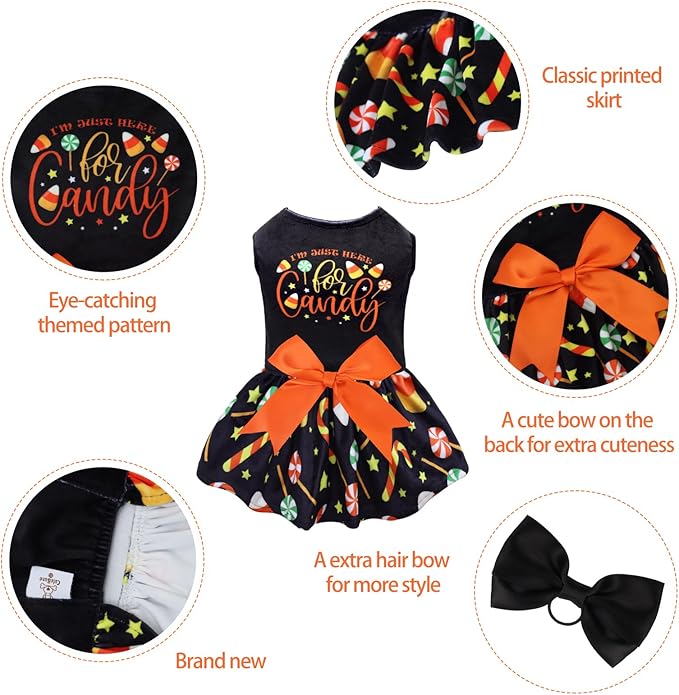 CuteBone Halloween Dog Dresses Velvet Holiday Small Dogs Clothes Onesie Pet Apparel Girl Puppy Skirt with Bow Hair Rope CVA44XS-D