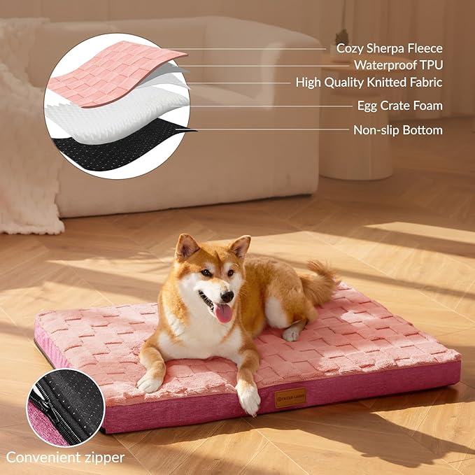Patas Lague Orthopedic Jumbo Dog Bed for Extra Large Dogs 56''X40'', Waterproof Soft Warm Comfortable Egg Crate Foam Jumbo Pet Beds Mat with Removable Washable Cover and Nonskid Bottom, Pink