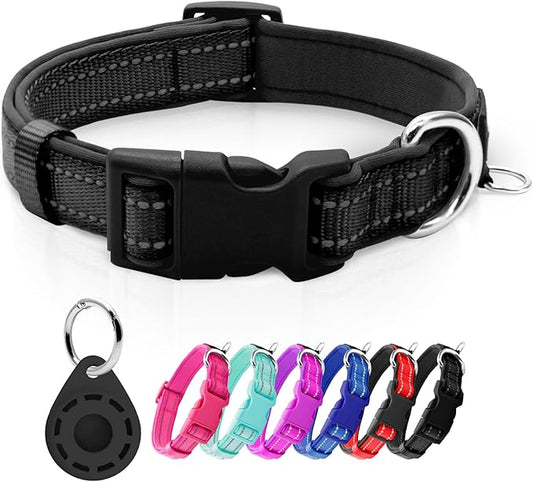azuza Reflective Dog Collar with Airtag Holder, Soft Neoprene Padded Pet Collar with ID Tag Ring, Adjustable for Puppy and Small Dogs,Black,XS