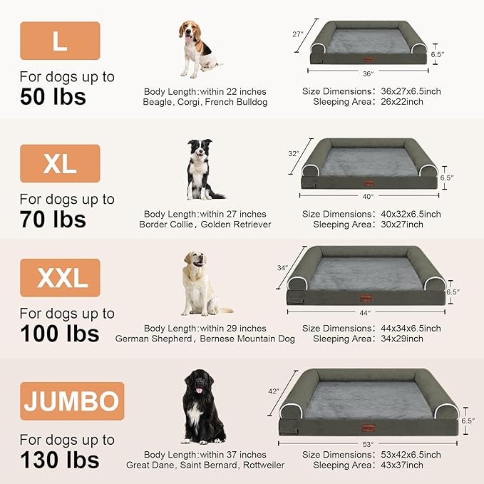 Large Dog Bed Orthopedic Washable: Beds Bolster XL Bed Big XLarge Dogs Memory Foam Couch Sofa Waterproof with Removable Cover - Dark Green