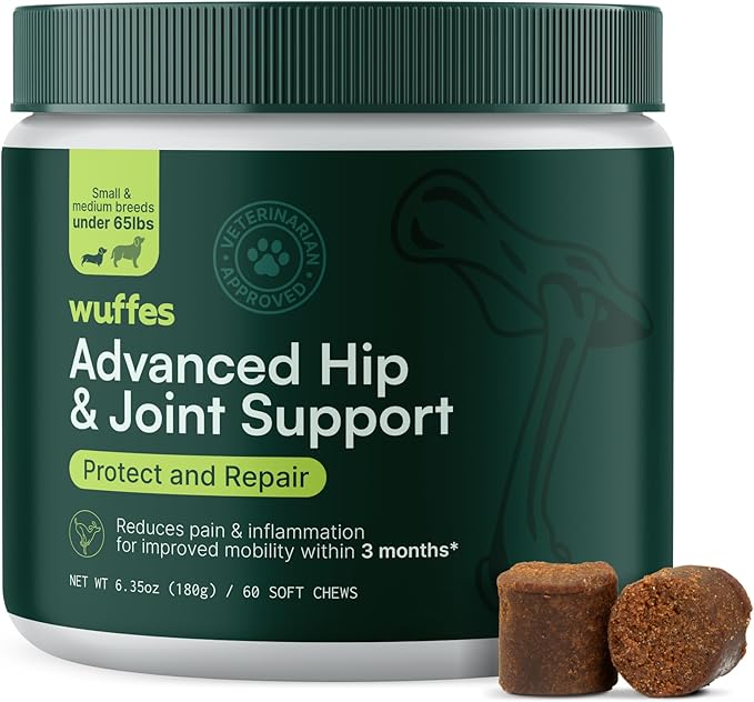 Wuffes Advanced Dog Hip and Joint Supplement with Glucosamine, Chondroitin, Omega 3, MSM, and Green Lipped Mussel, 60 Pork Flavored Chews for Small and Medium Dog Breeds