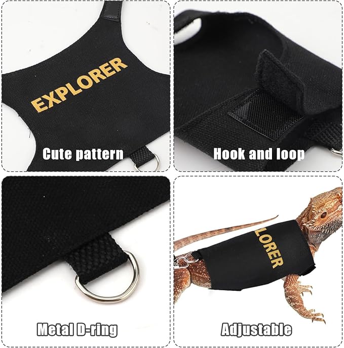 Bearded Dragon Carrier Backpack with Security Printing Harness Leash Set, Reptile Lizard Space Capsule Astronaut Clear Bubble Window Travel Carrier for Small Animal Guinea Pig (Black, Explorer)