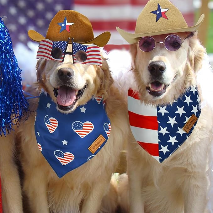 Vehomy 4th of July Pet Dog Costume - Dog Cowboy Hats with Star Décor Independence Day Dog Bandanas with American Flag Pattern 4th July Pet Hat and Scarf Outfit for Dogs Cats (4Pcs)