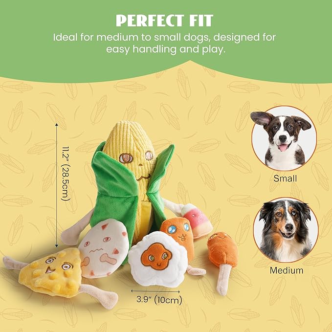 Nocciola Squeaky Crinkle Corn Dog Toys: Plush Stuffed Yellow Pet Chew Toys for Small Medium Breeds Teething, Cute Interactive Cognitive Burrow Digging Hide and Seek Puzzle Puppy Supplies, 7 Packs
